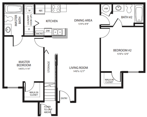 Floor plan for 2 beds, 2 baths, 952 sqft
